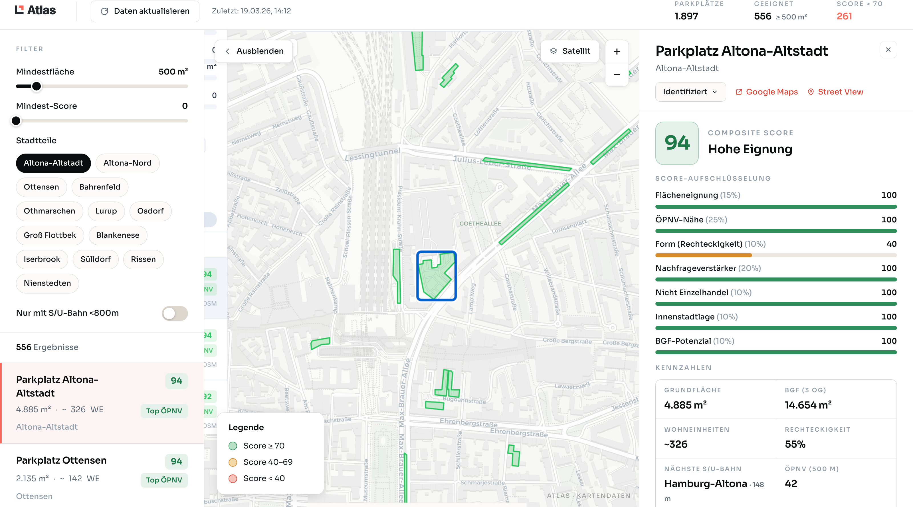 Atlas screening view — candidate parcels on the map, composite score and component breakdown for the selected parcel.